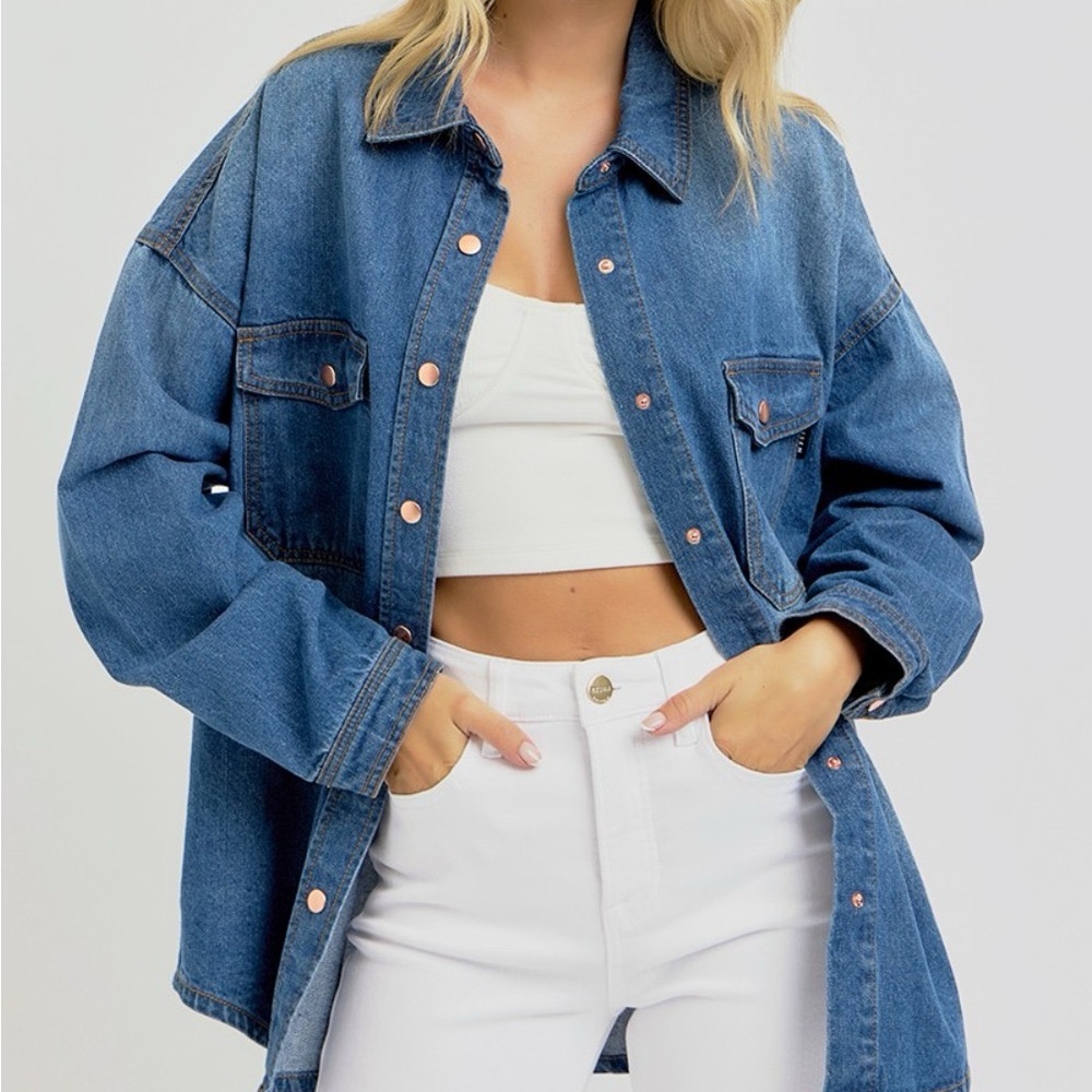 SOLD OUT RISEN Full Size Snap Down Long Sleeve Denim Shacket - Picture 1 of 6